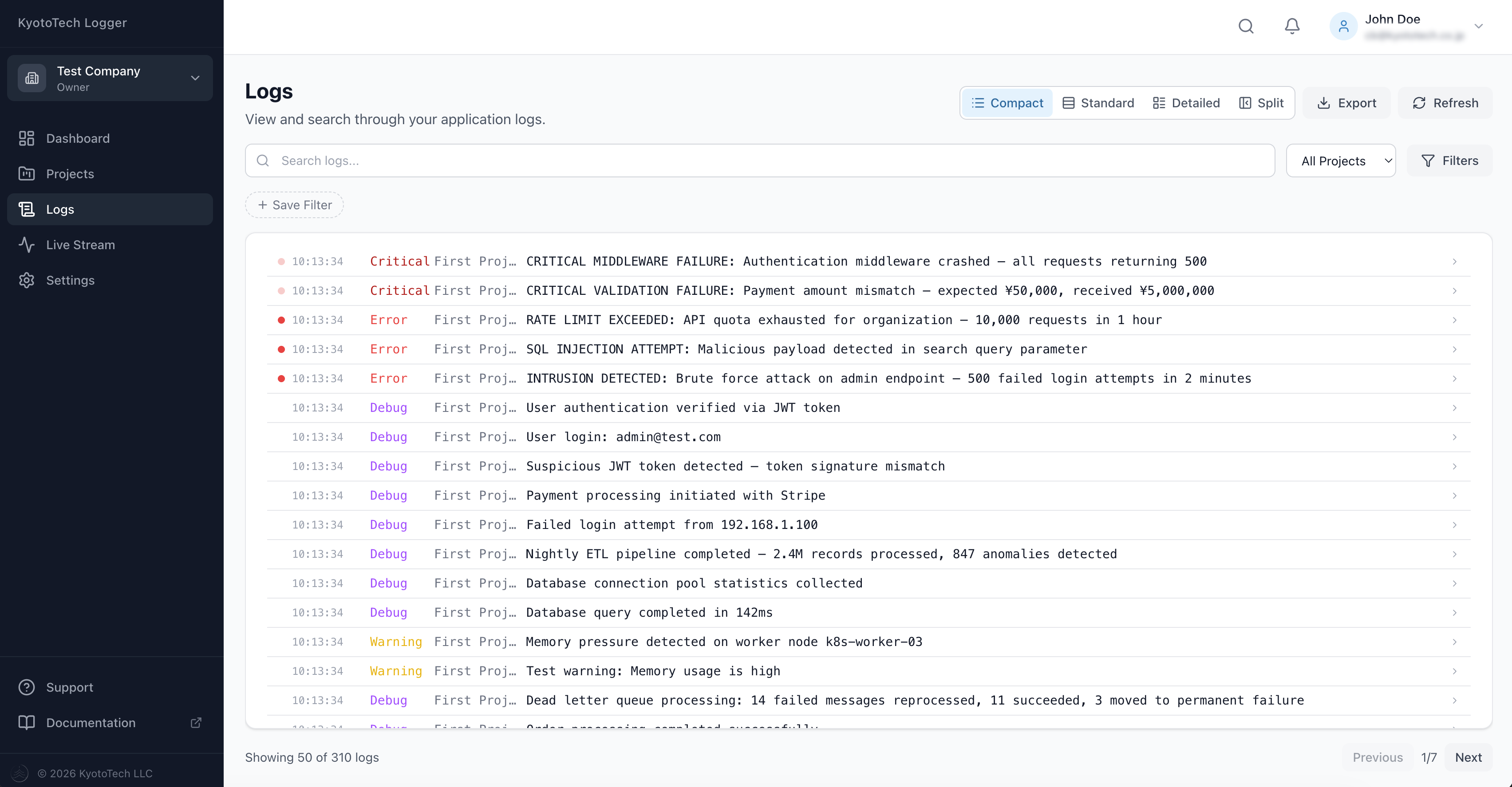 KyotoTech Logger log viewer in compact mode showing color-coded log entries with severity levels