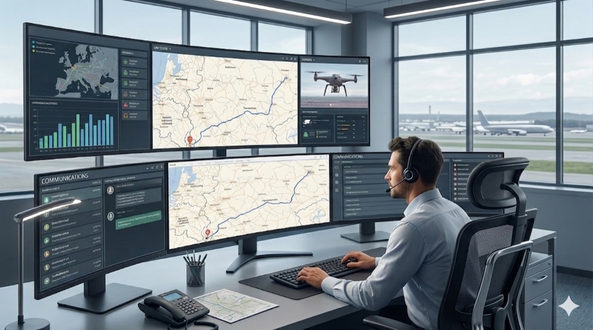 Leitstelle mit Kartenübersicht auf mehreren Monitoren